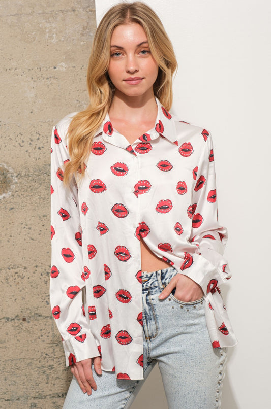 Satin Lips Studded Button Up Blouse